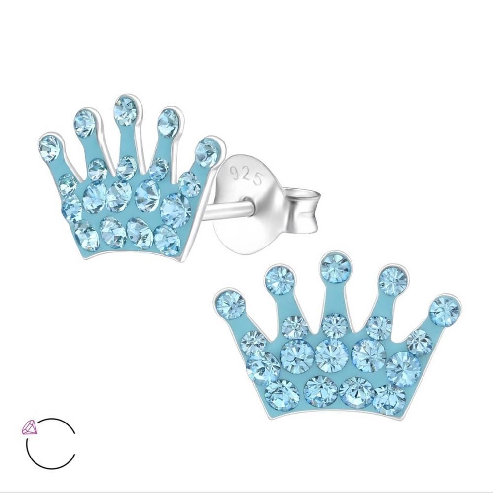 Girls Swarovski Sterling Silver Crown Ear Studs